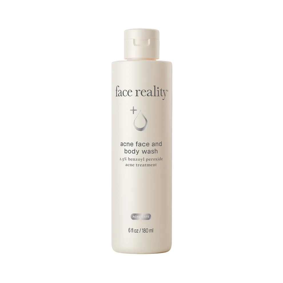 White bottle of 'face reality' acne face and body wash 