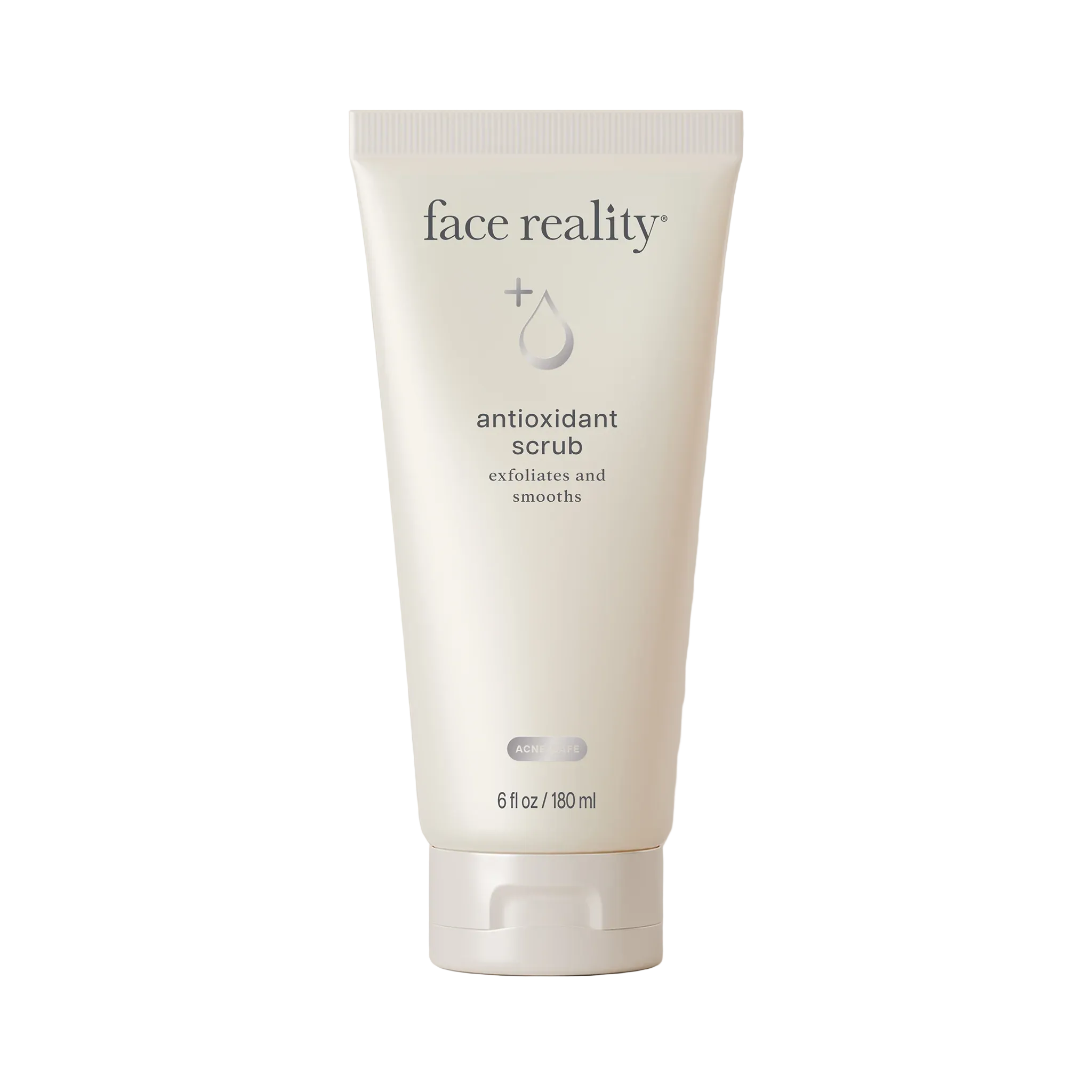 Face Reality Antioxidant Scrub on white packaging indicating exfoliates and smooths