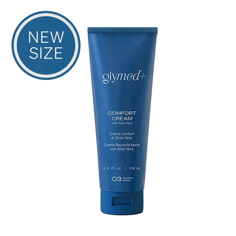 A blue squeeze tube of glymed+ Comfort Cream with Aloe Vera, featuring a blue circular 'NEW SIZE' badge in the top left corner.