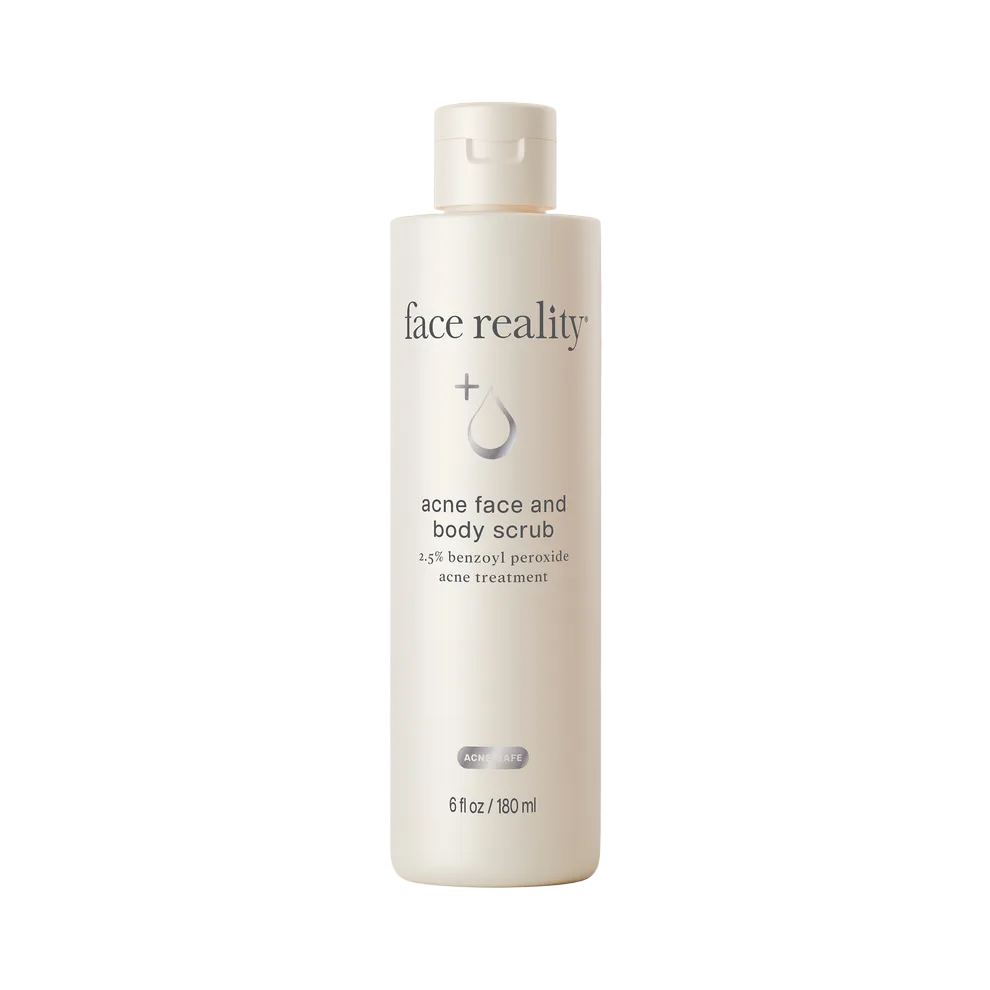 Bottle of 'face reality' acne face and body scrub 