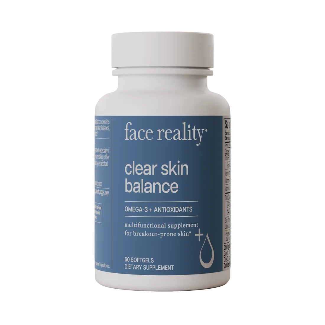 Supplement bottle labeled 'face reality clear skin balance'