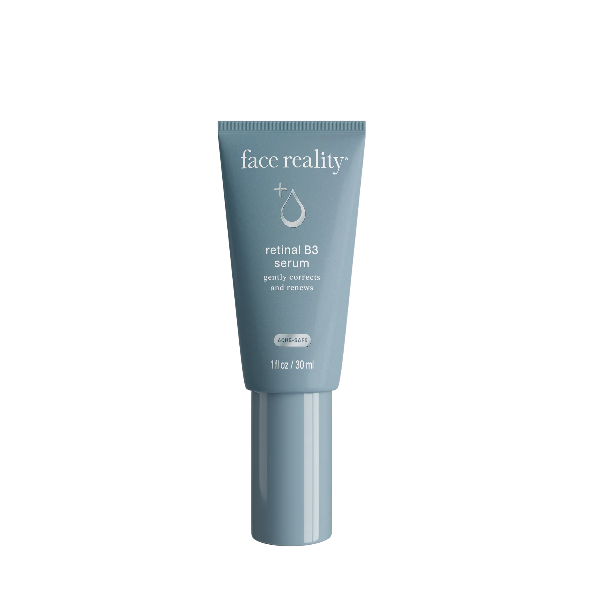 A tube of Face Reality Retinal B3 Serum on white and blue packaging that indicates gently corrects and renews.