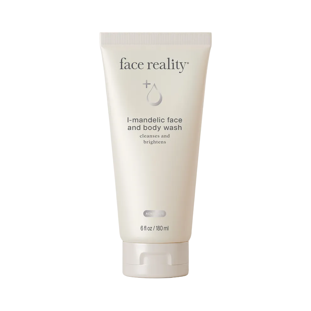 Tube of face reality I-mandelic face and body wash on white packaging indicating cleanses and brightens