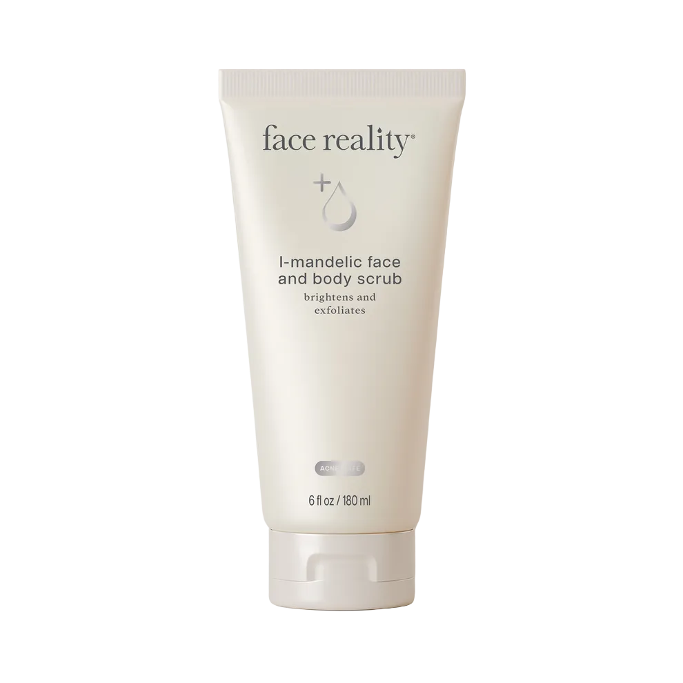 Tube of face reality I-mandelic face and body scrub on white packaging indicating brightens and exfoliates