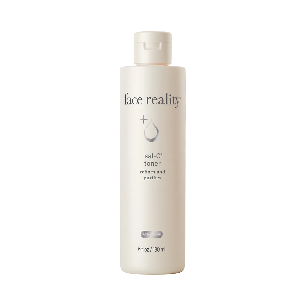 Face reality sai-C toner bottle on white packaging indicating refines and purifies