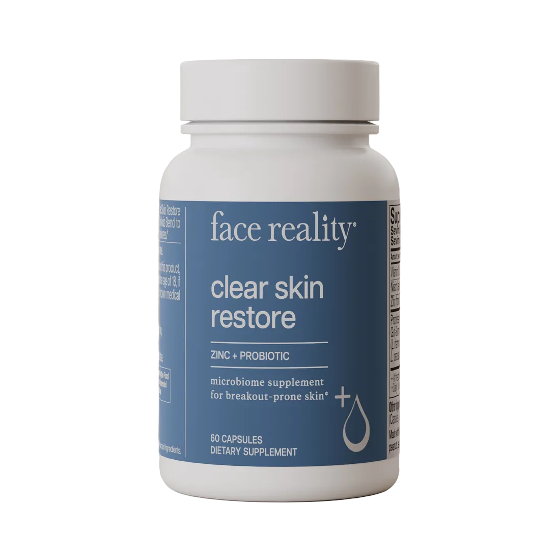 Supplement bottle labeled 'face reality clear skin restore'